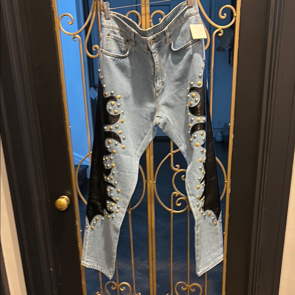 Moschino patent leather flame 🔥 with silver stud rocker kiss band jeans Italy